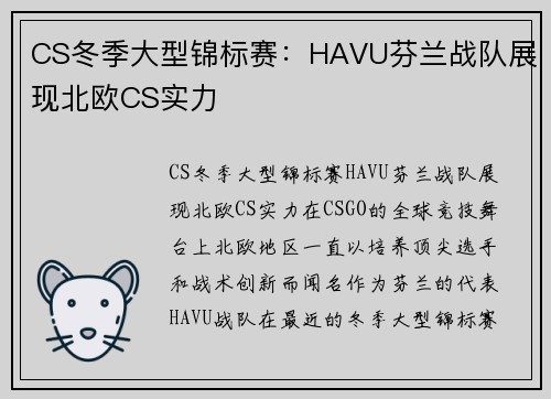 CS冬季大型锦标赛：HAVU芬兰战队展现北欧CS实力