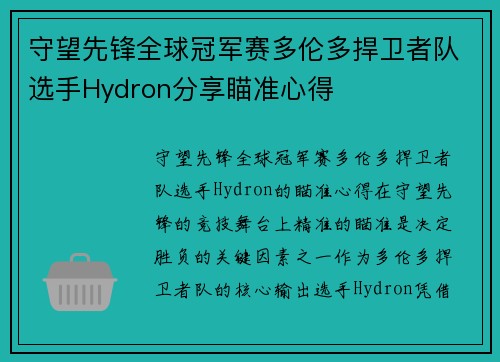 守望先锋全球冠军赛多伦多捍卫者队选手Hydron分享瞄准心得