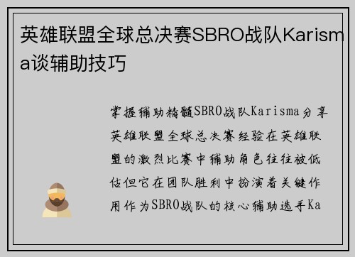 英雄联盟全球总决赛SBRO战队Karisma谈辅助技巧